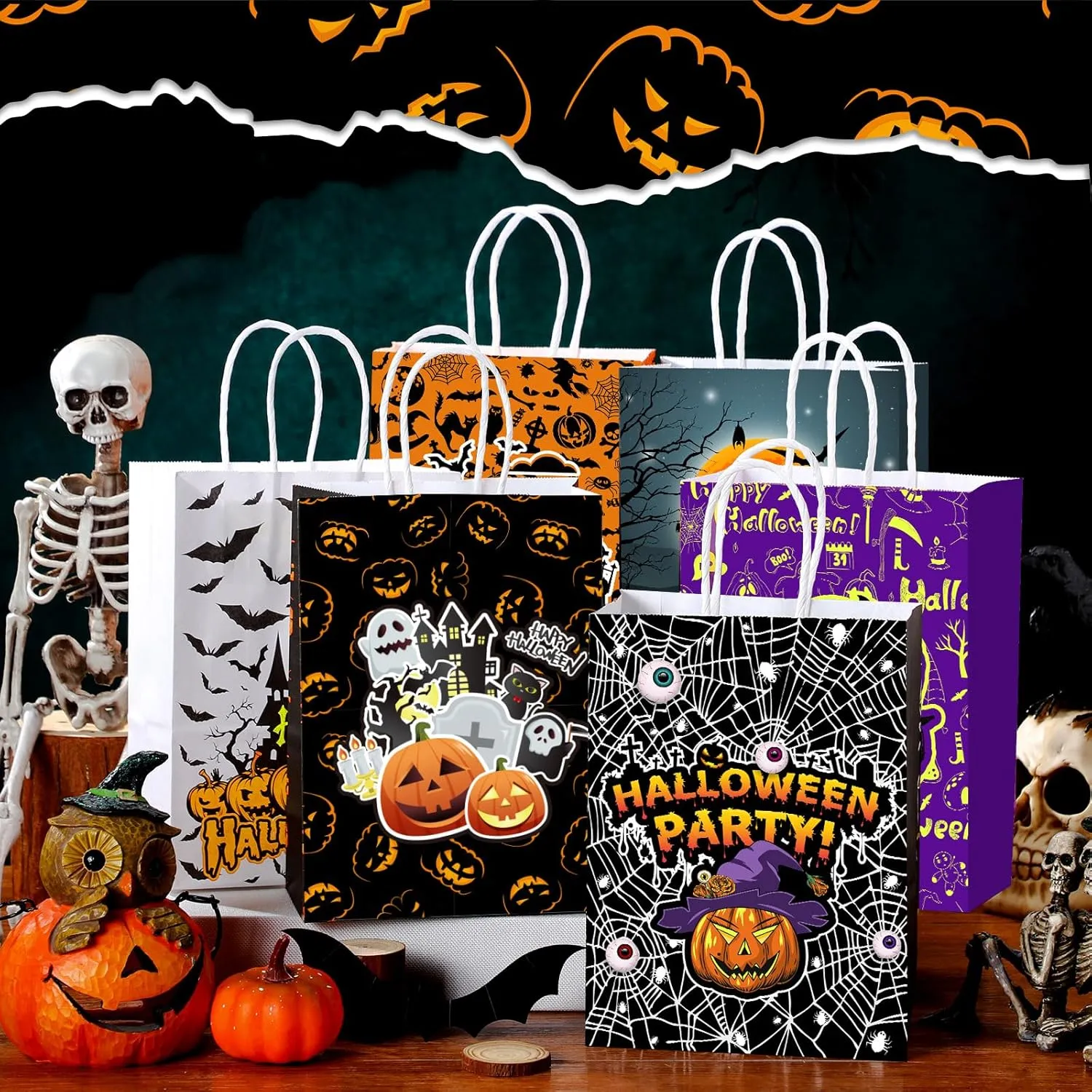 24 Pcs Halloween Bags with Handles Paper Candy Gift Goodie Snacks Bags Halloween Paper for Holiday Treats Kids Party Favors Supplies