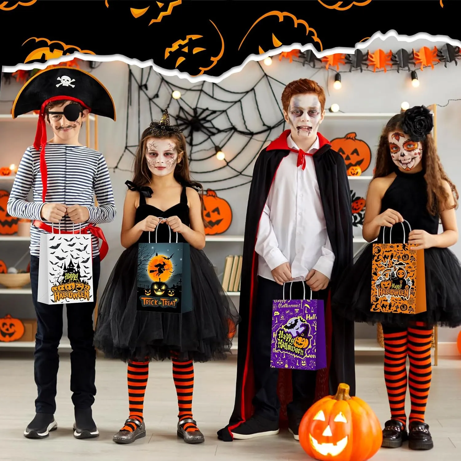 24 Pcs Halloween Bags with Handles Paper Candy Gift Goodie Snacks Bags Halloween Paper for Holiday Treats Kids Party Favors Supplies