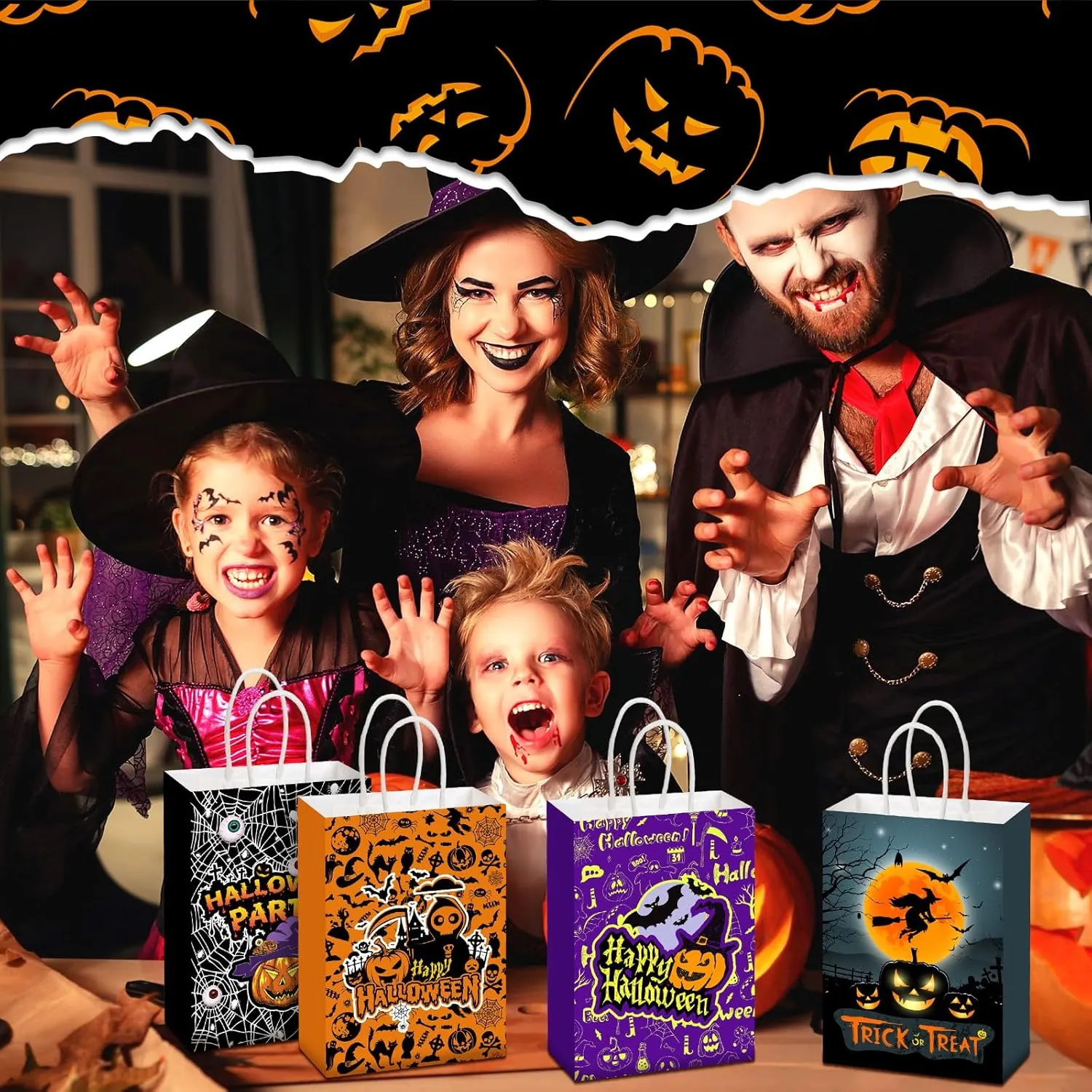 24 Pcs Halloween Bags with Handles Paper Candy Gift Goodie Snacks Bags Halloween Paper for Holiday Treats Kids Party Favors Supplies