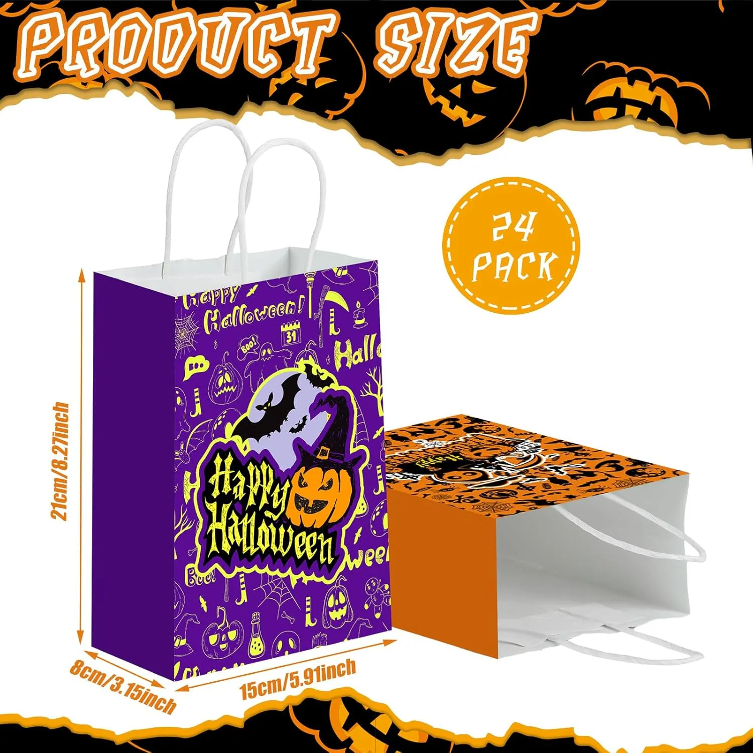 24 Pcs Halloween Bags with Handles Paper Candy Gift Goodie Snacks Bags Halloween Paper for Holiday Treats Kids Party Favors Supplies