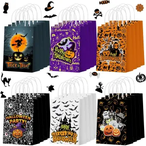 24 Pcs Halloween Bags with Handles Paper Candy Gift Goodie Snacks Bags Halloween Paper for Holiday Treats Kids Party Favors Supplies