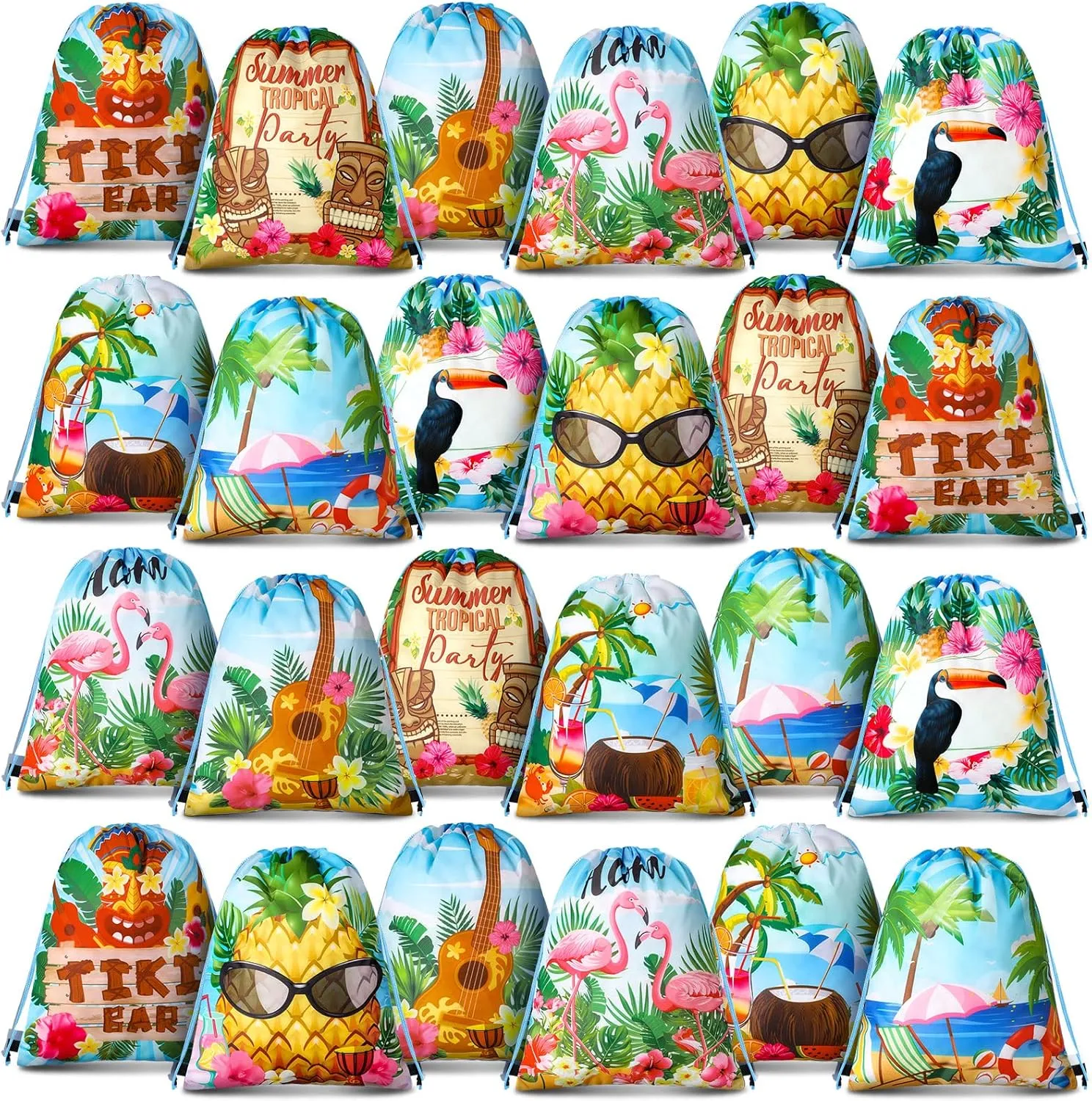 24 Pcs Hawaiian Party Favor Bags Hawaii Themed Aloha Drawstring Backpack Flamingo Tropical Gift Goodie Bags for Birthday, Bridal Shower, Summer, Beach, Pool Backpack, 12 x 10 Inch
