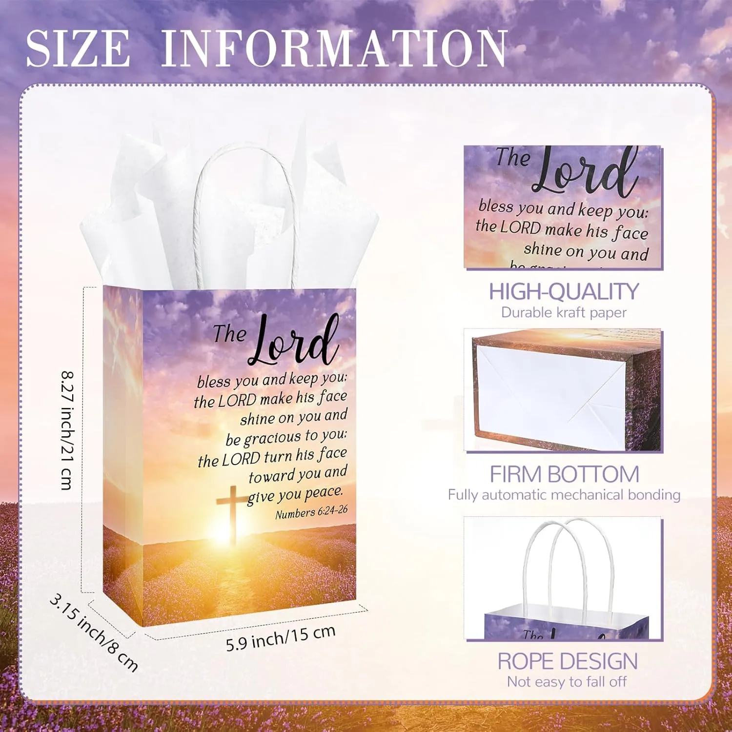 25 Set Christian Gift Bags Bulk with Tissue Mothers Day Religious Paper Bible Verse Church Gifts Bags with Handles for Baptism Church Welcome Visitors Sunday School