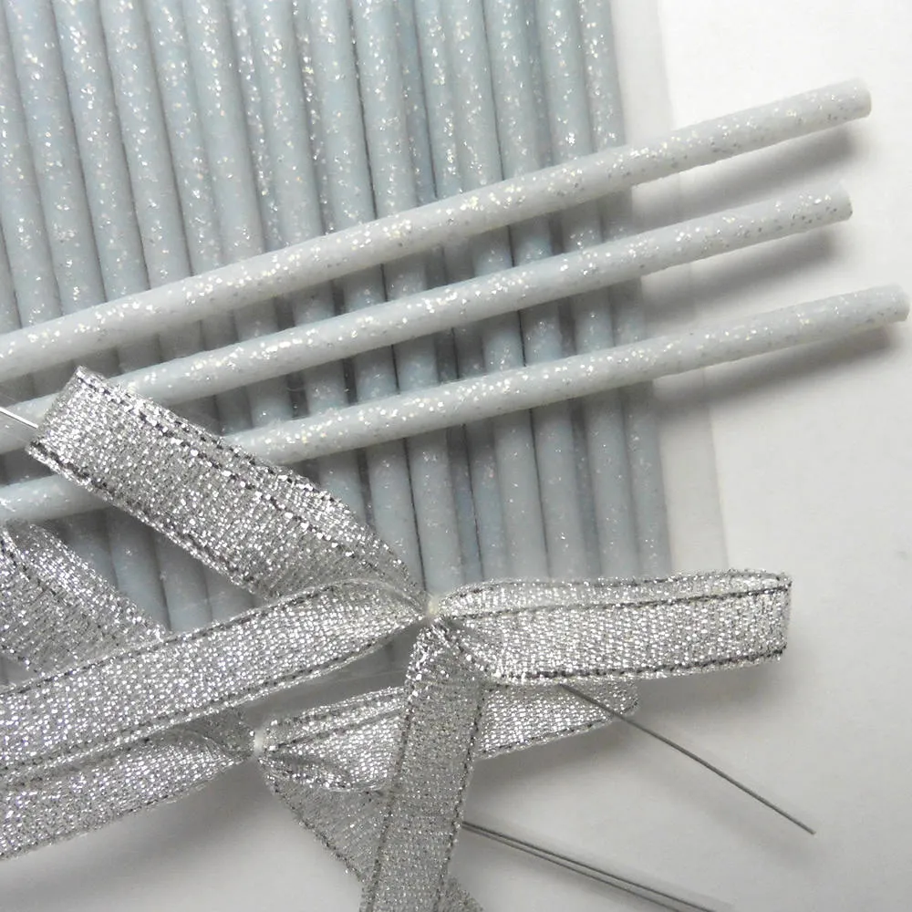 25pcs 6" Plastic Dust Silver Glitter Sticks   Bags   Silver Ribbon bows