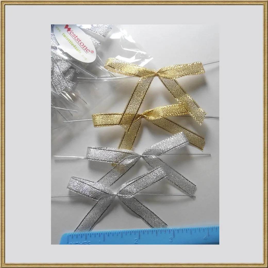 25pcs Gold and silver Metallic Pre-Tied Ribbon Bow for cello bag in wedding and Party