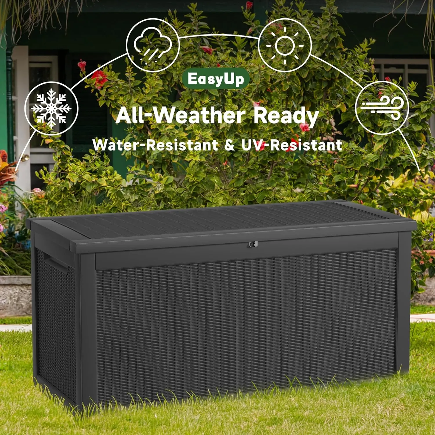 260 Gallon Outdoor Storage Box Waterproof, UV Resistant Resin Deck Box with Hydraulic Rod, Reinforced Stability for Patio, Garden, Rattan Black