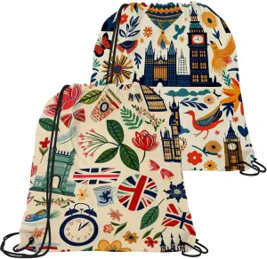 2pcs Drawstring Bag for Women Men,Water Resistant Cartoon England Architecture Gym Bag String Cinch Backpack Sackpack for Sports Swimming Beach