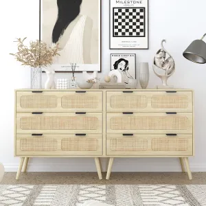 3 Drawer Dresser, Modern Rattan Dresser Chest with Wide Drawers and Metal Handles, Farmhouse Wood Storage Chest of Drawers for Bedroom, Living Room, Hallway, Entryway (Natural-2 Packs)