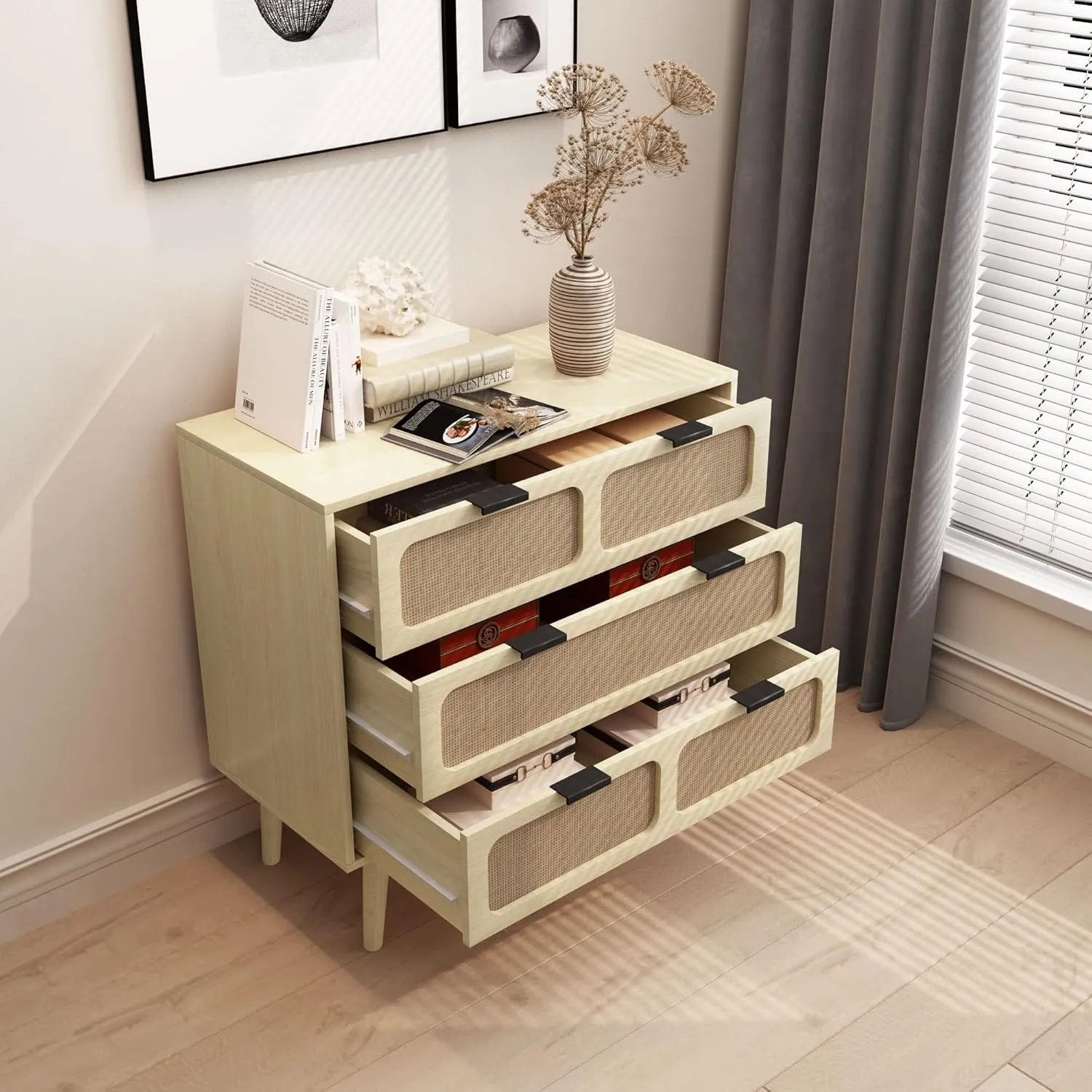 3 Drawer Dresser, Modern Rattan Dresser Chest with Wide Drawers and Metal Handles, Farmhouse Wood Storage Chest of Drawers for Bedroom, Living Room, Hallway, Entryway (Natural-2 Packs)