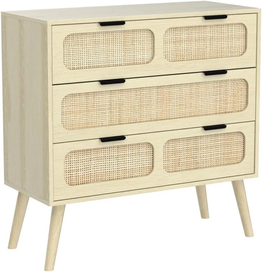 3 Drawer Dresser, Modern Rattan Dresser Chest with Wide Drawers and Metal Handles, Farmhouse Wood Storage Chest of Drawers for Bedroom, Living Room, Hallway, Entryway (Natural-2 Packs)