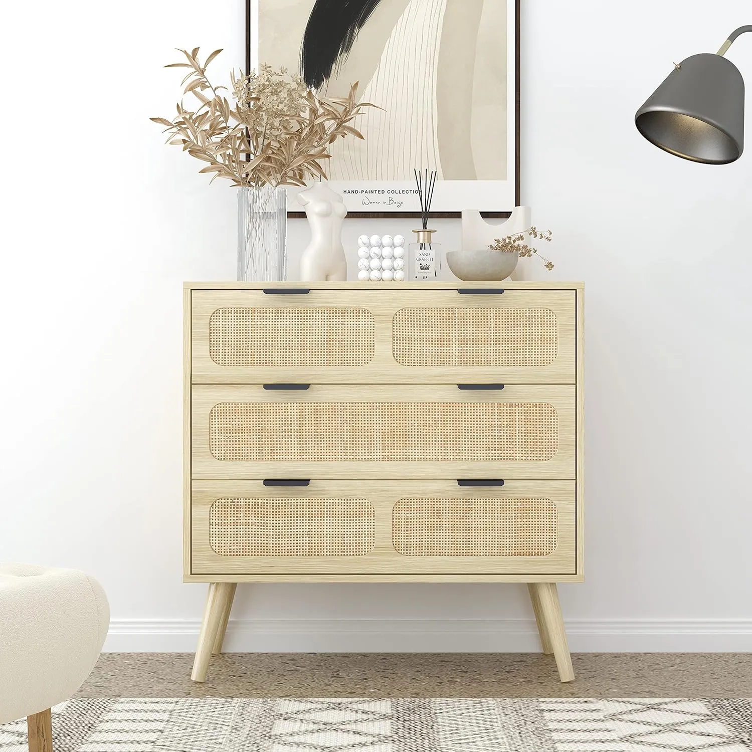 3 Drawer Dresser, Modern Rattan Dresser Chest with Wide Drawers and Metal Handles, Farmhouse Wood Storage Chest of Drawers for Bedroom, Living Room, Hallway, Entryway (Natural-2 Packs)