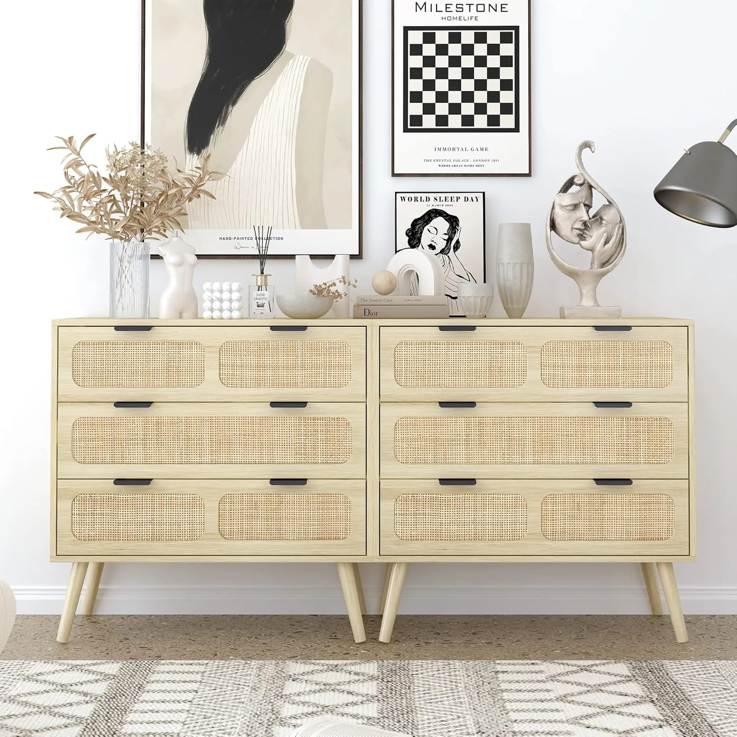 3 Drawer Dresser, Modern Rattan Dresser Chest with Wide Drawers and Metal Handles, Farmhouse Wood Storage Chest of Drawers for Bedroom, Living Room, Hallway, Entryway (Natural-2 Packs)