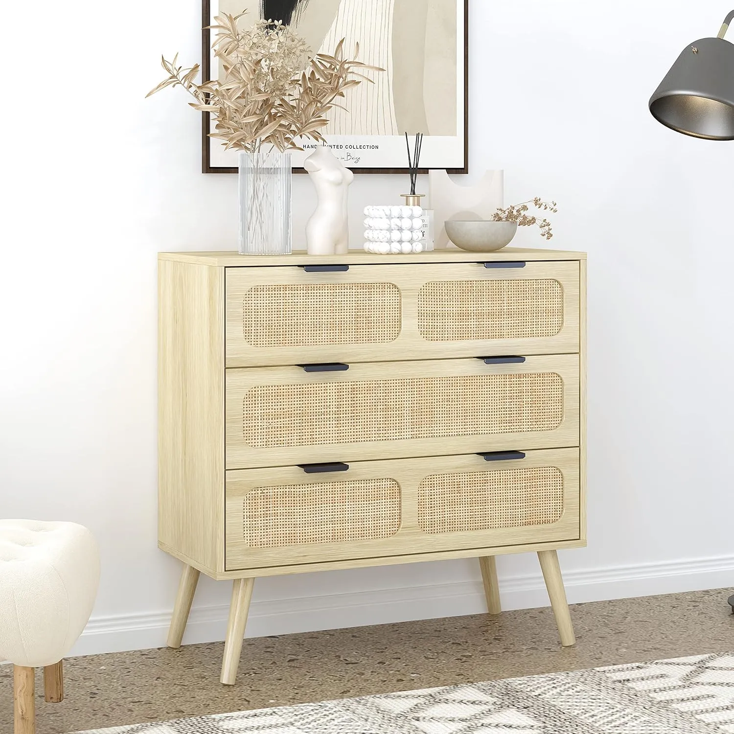 3 Drawer Dresser, Modern Rattan Dresser Chest with Wide Drawers and Metal Handles, Farmhouse Wood Storage Chest of Drawers for Bedroom, Living Room, Hallway, Entryway (Natural-2 Packs)