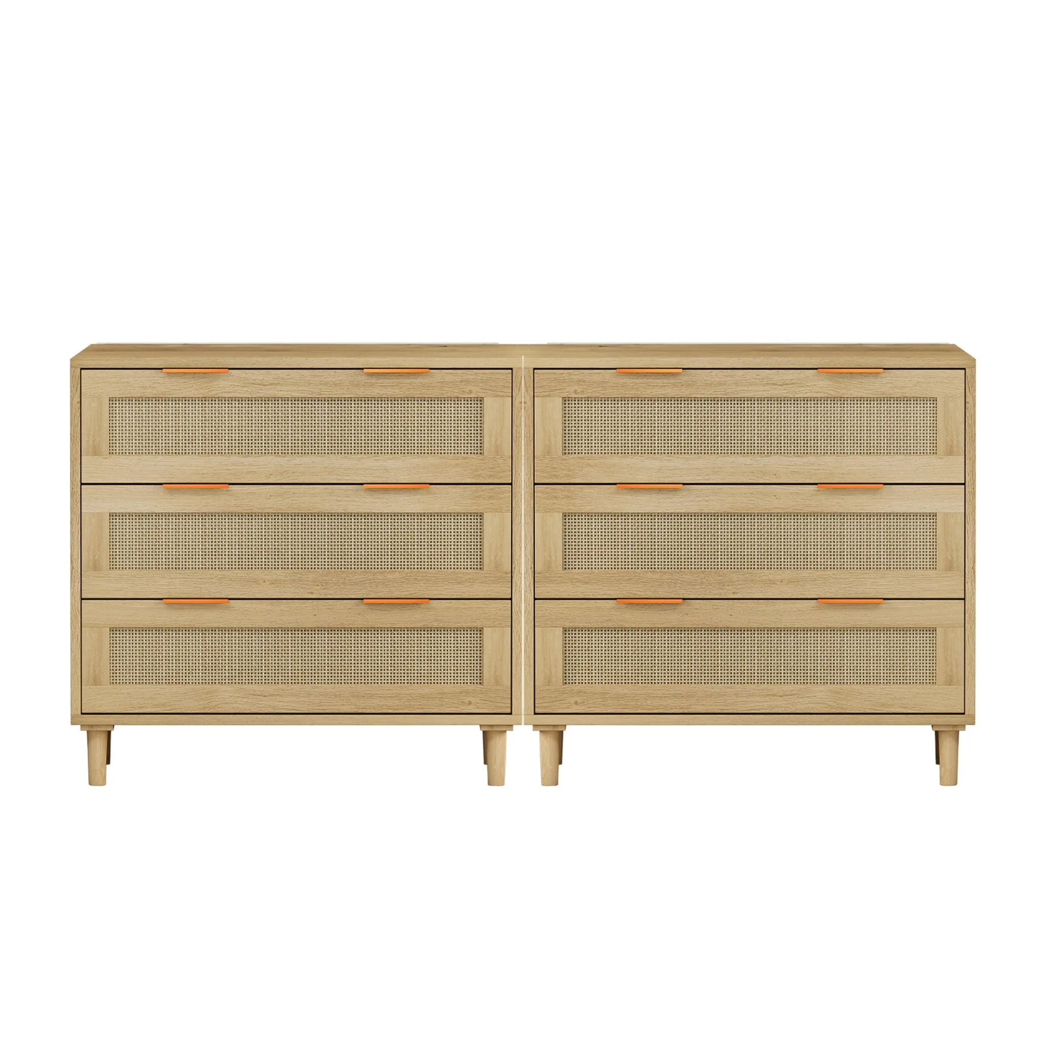 3 Drawers Rattan Storage Cabinet Rattan Drawer, For Bedroom, Living Room, Dining Room, Hallways (Set of 2) - Oak