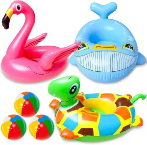 3 Pack Inflatable Kids Pool Floats with 3 Beach Ball, Pool Toys for Toddlers Kids Age 1-4, Animal Ride-On Swim Rings with Safety Seat & Handle, Swim Tube for Pool Party & Beach (Flamingo Turtle Shark)