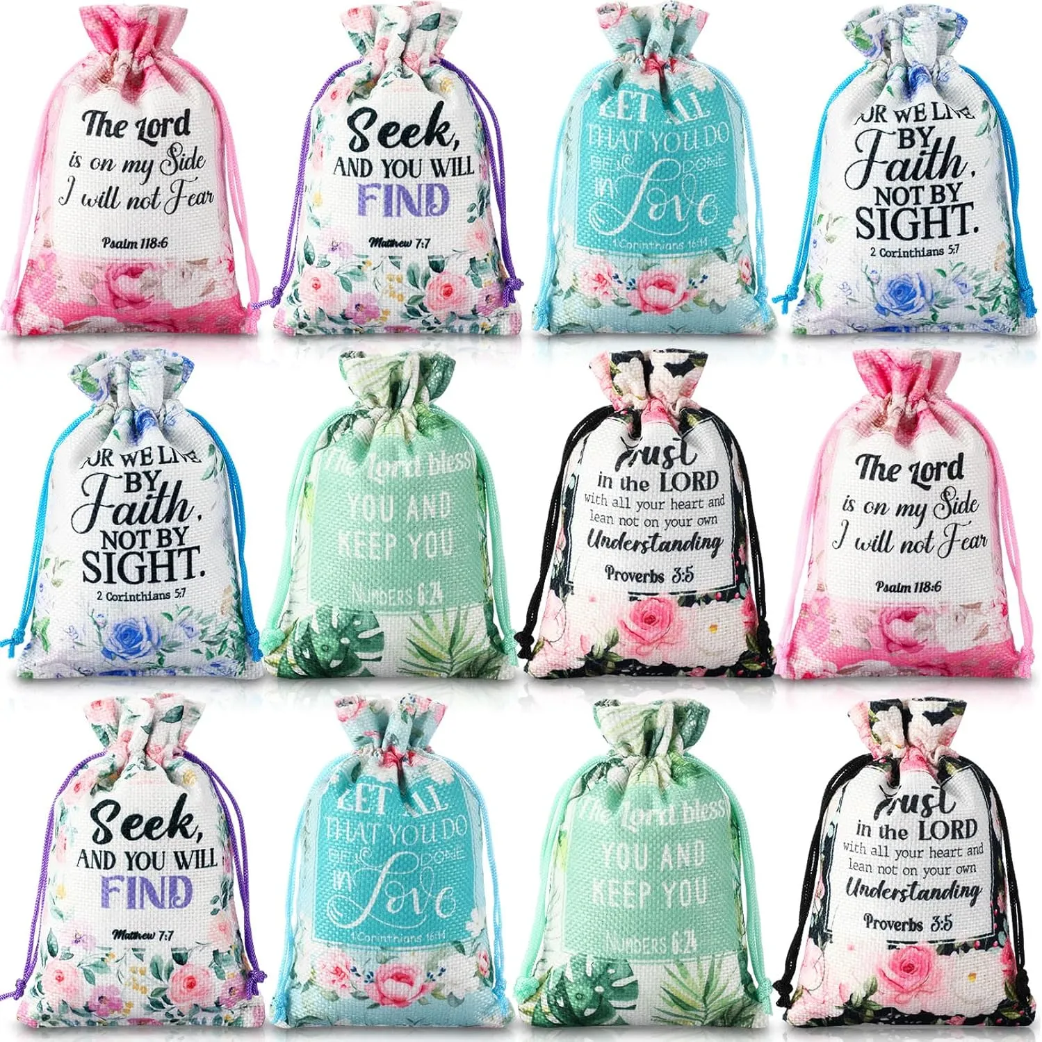 30 Pcs Bible Verse Religious Gift Bags with Drawstring 4 x 6 Inch Floral Christian Candy Gift Wrapping Bags for Women Mother's Day Party Favor Jewelry