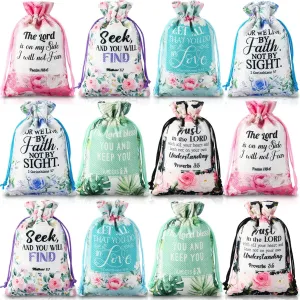 30 Pcs Bible Verse Religious Gift Bags with Drawstring 4 x 6 Inch Floral Christian Candy Gift Wrapping Bags for Women Mother's Day Party Favor Jewelry