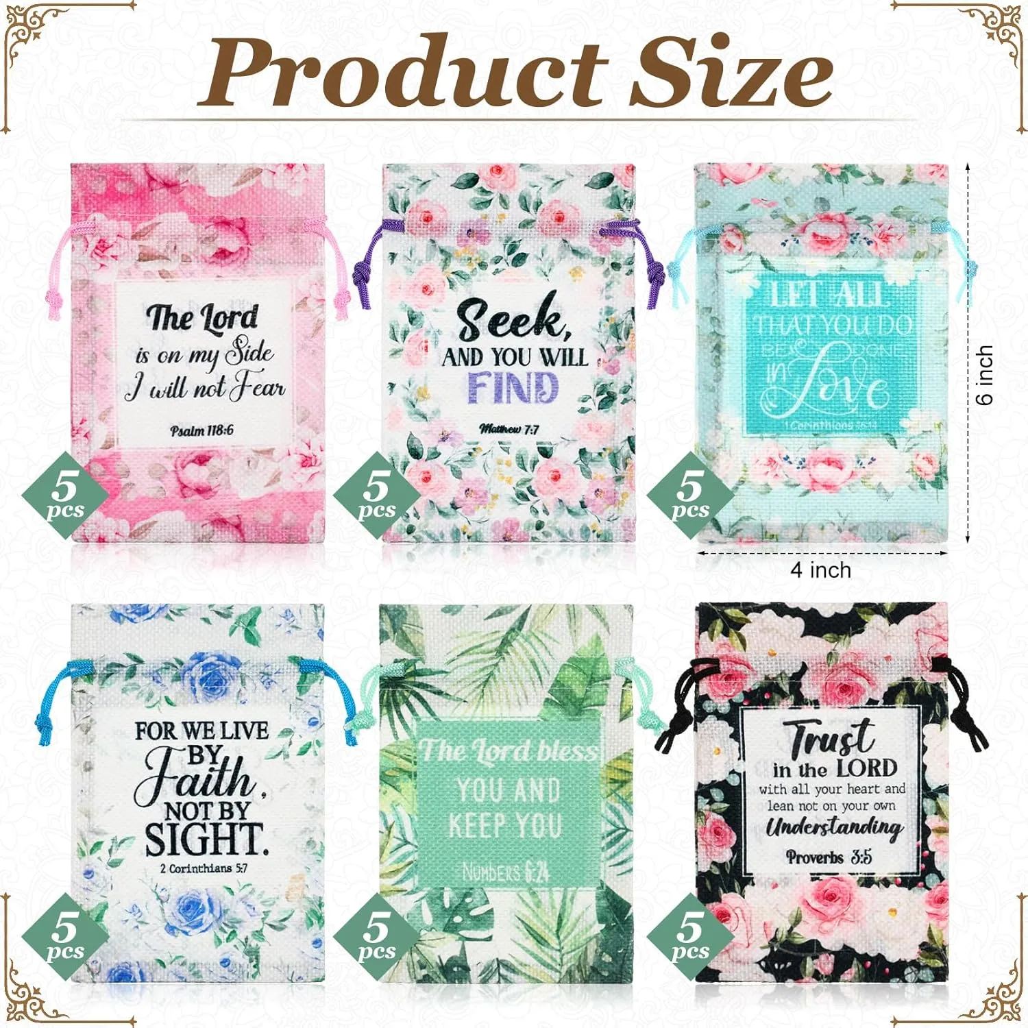 30 Pcs Bible Verse Religious Gift Bags with Drawstring 4 x 6 Inch Floral Christian Candy Gift Wrapping Bags for Women Mother's Day Party Favor Jewelry