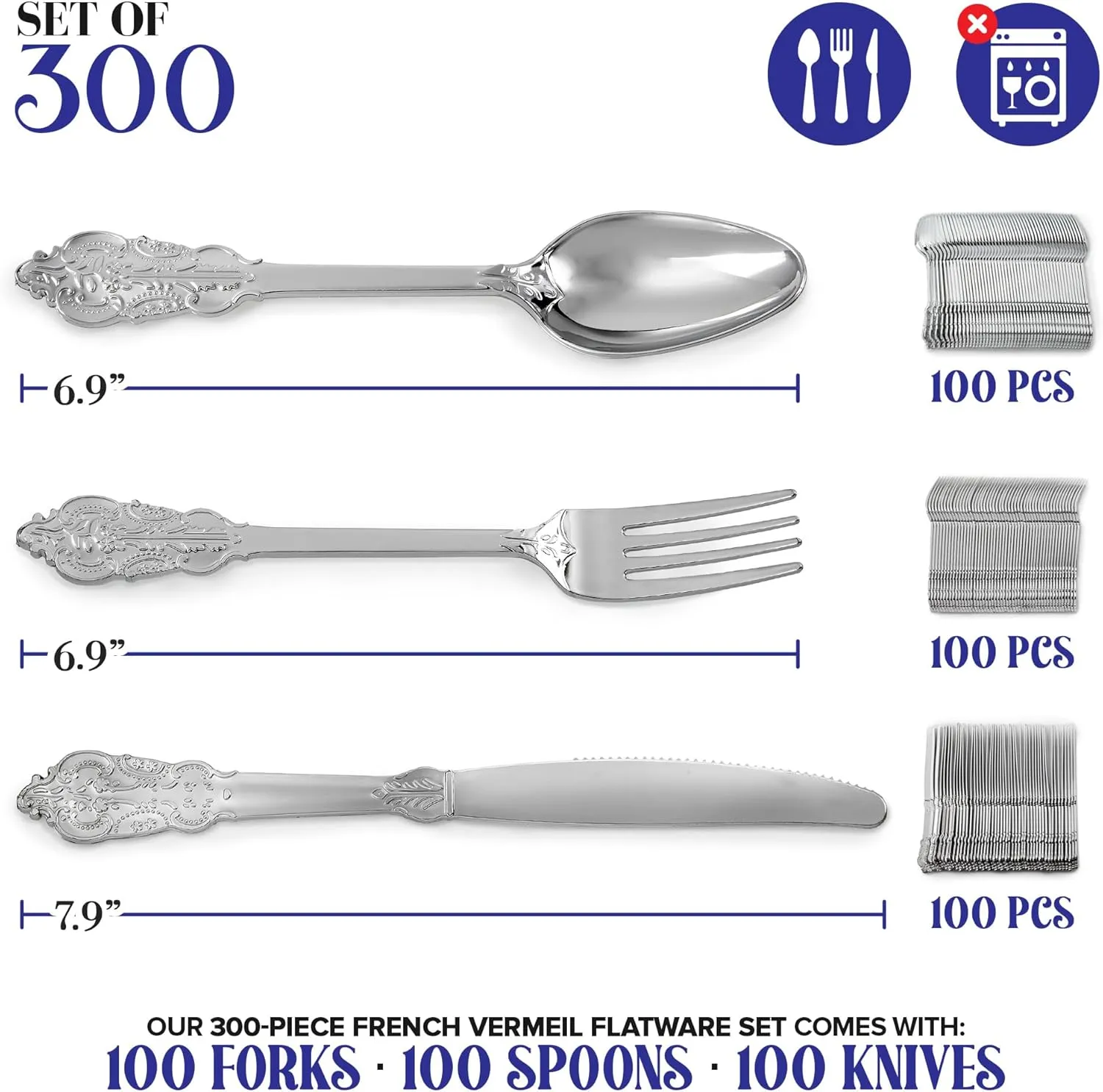 300 Pcs Silver Plastic Silverware Set- 100 Silver Forks, 100 Silver Spoons, 100 Silver Knives, Heavy Duty Disposable Utensils Heavyweight Cutlery, Elegant Flatware, Dinner Party, Wedding