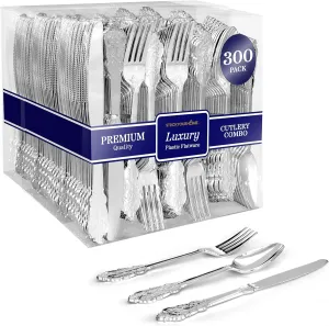 300 Pcs Silver Plastic Silverware Set- 100 Silver Forks, 100 Silver Spoons, 100 Silver Knives, Heavy Duty Disposable Utensils Heavyweight Cutlery, Elegant Flatware, Dinner Party, Wedding