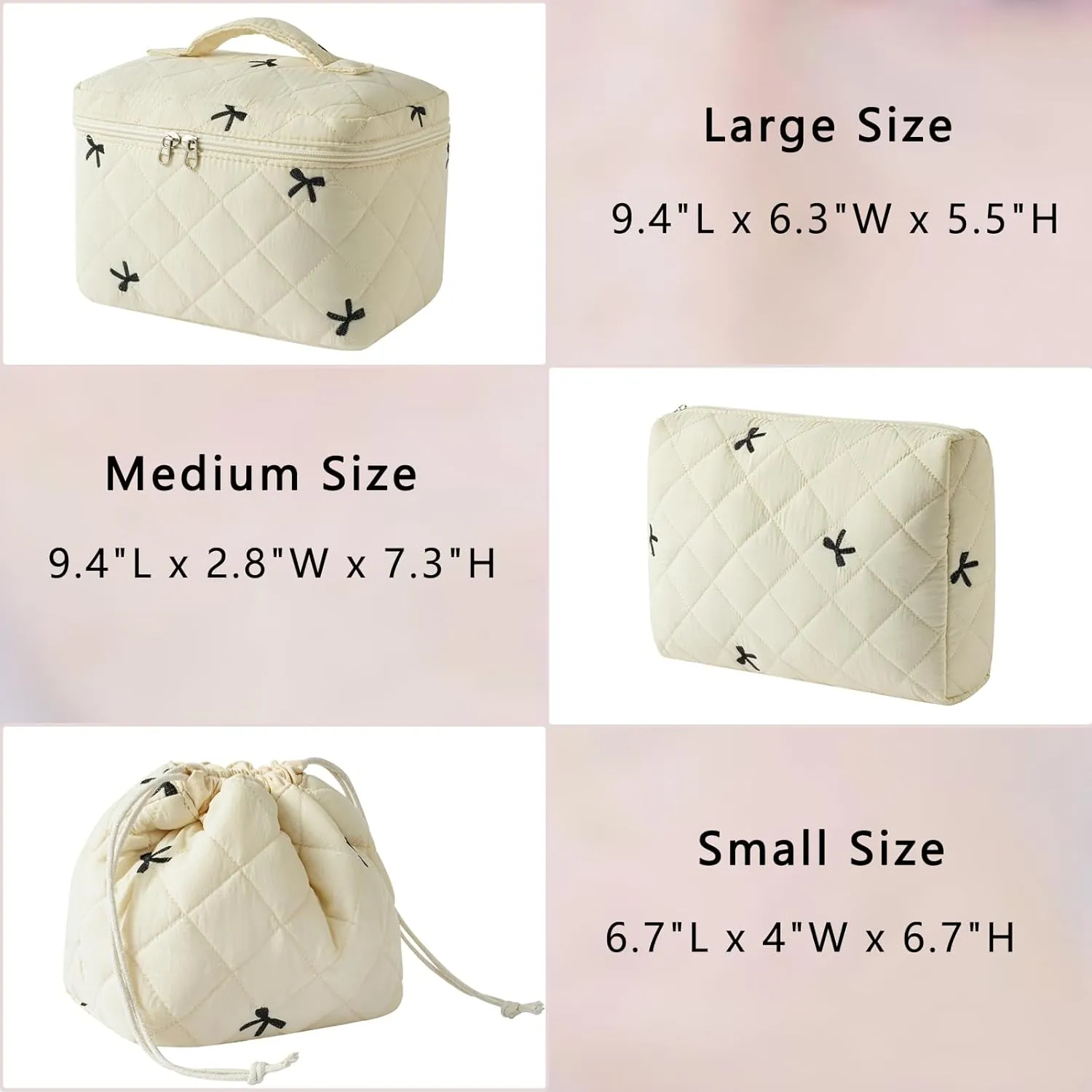 3Pcs Aesthetic Cotton Quilted Drawstring Makeup Bag Set, Aesthetic Cute Bow Makeup Pouch for Girls and Women, Aesthetic Travel Organized Cosmetic Bags for Purse(04Beige Bow)