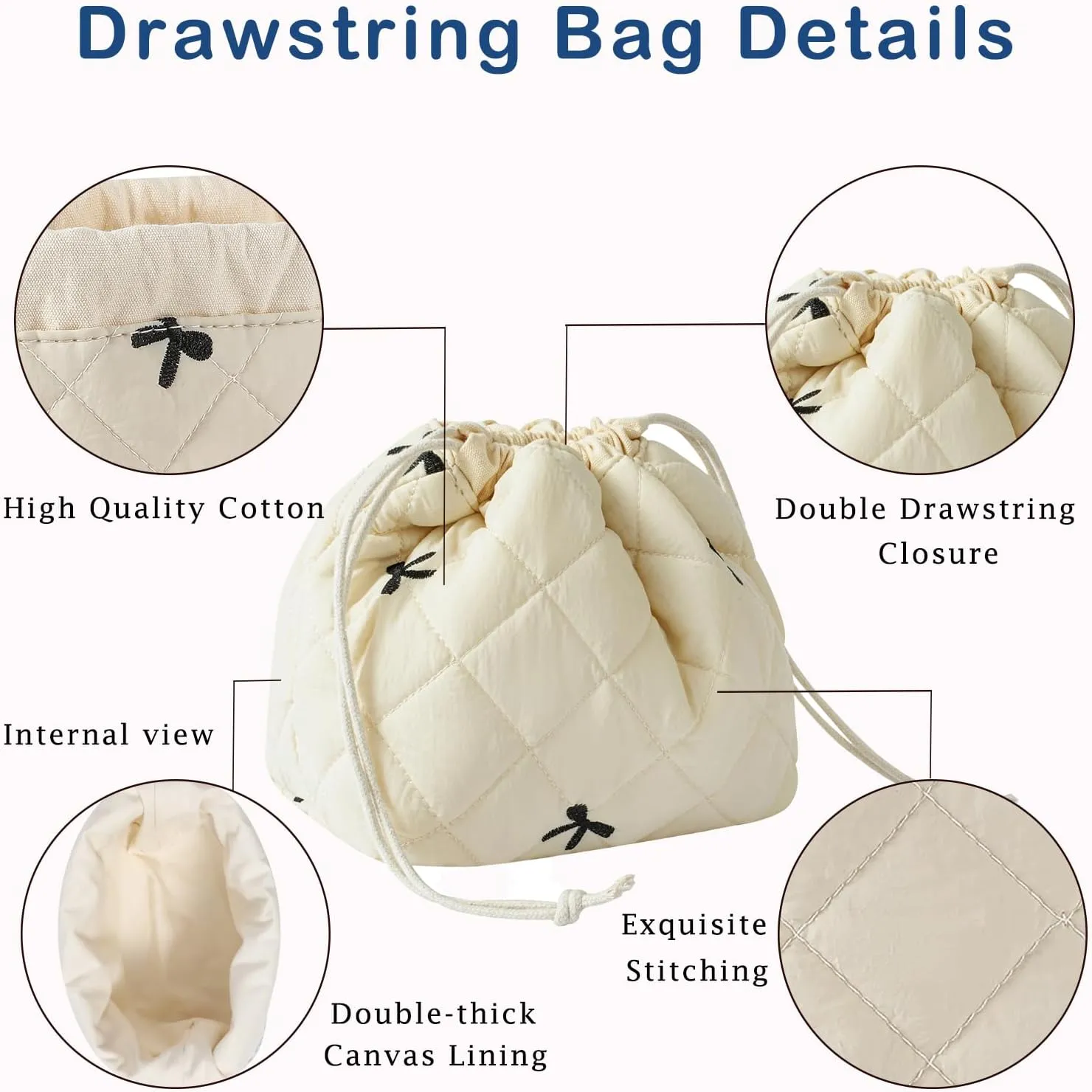 3Pcs Aesthetic Cotton Quilted Drawstring Makeup Bag Set, Aesthetic Cute Bow Makeup Pouch for Girls and Women, Aesthetic Travel Organized Cosmetic Bags for Purse(04Beige Bow)