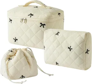 3Pcs Aesthetic Cotton Quilted Drawstring Makeup Bag Set, Aesthetic Cute Bow Makeup Pouch for Girls and Women, Aesthetic Travel Organized Cosmetic Bags for Purse(04Beige Bow)