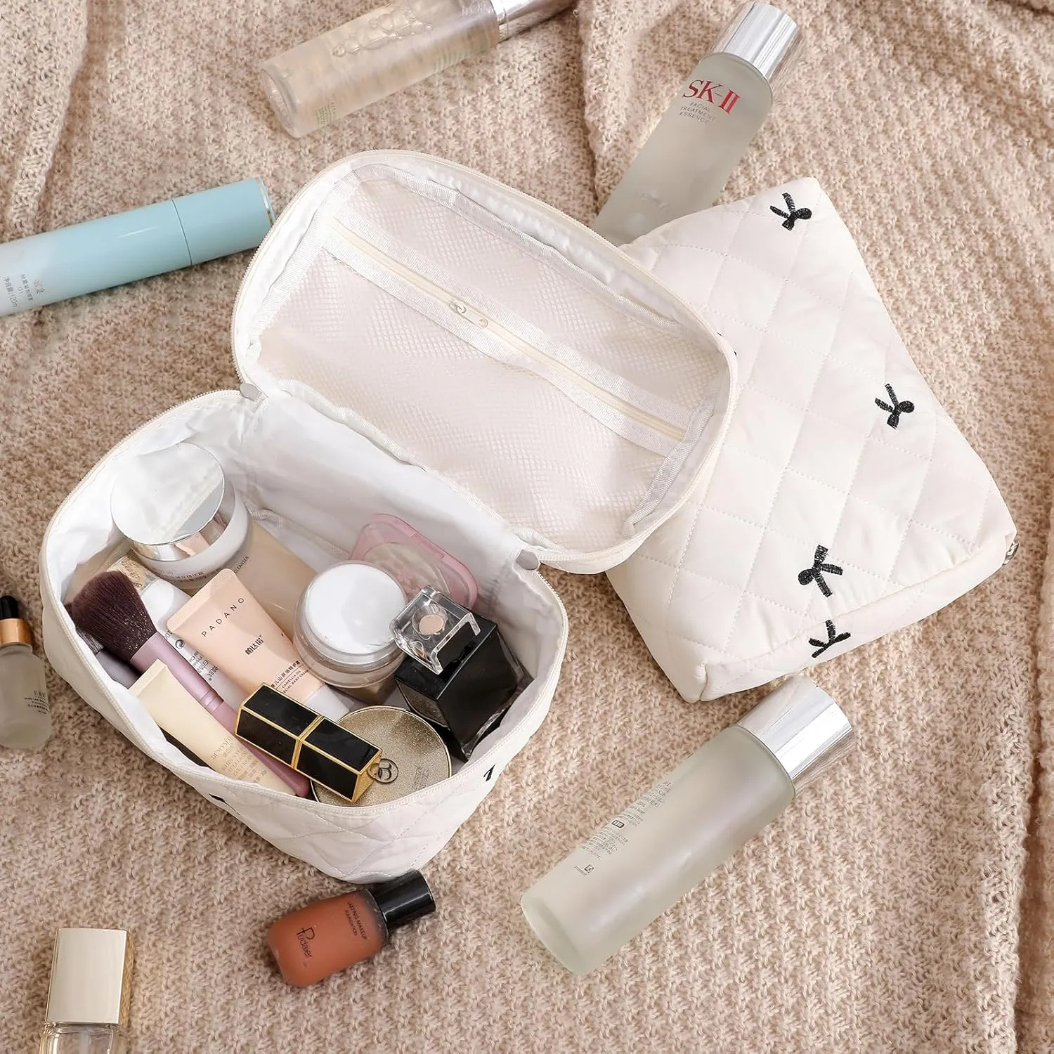 3Pcs Large Cotton Quilted Makeup Bag Set, Cute Coquette Floral Cotton Cosmetic Bag with Bows, Aesthetic Travel Organized Toiletry Bags for Women Girls（05Black Bows）