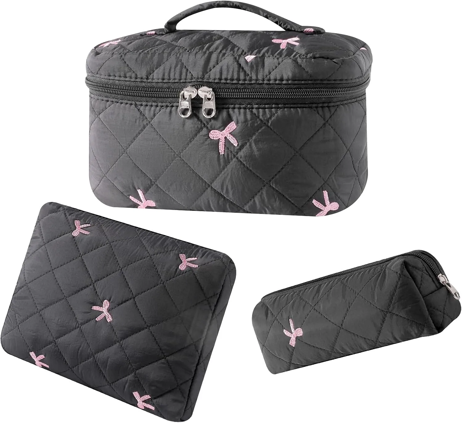 3Pcs Large Cotton Quilted Makeup Bag Set, Cute Coquette Floral Cotton Cosmetic Bag with Bows, Aesthetic Travel Organized Toiletry Bags for Women Girls（05Black Bows）