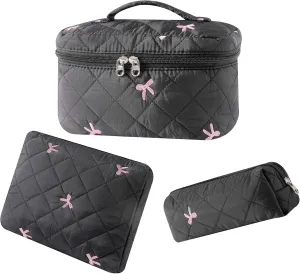 3Pcs Large Cotton Quilted Makeup Bag Set, Cute Coquette Floral Cotton Cosmetic Bag with Bows, Aesthetic Travel Organized Toiletry Bags for Women Girls（05Black Bows）