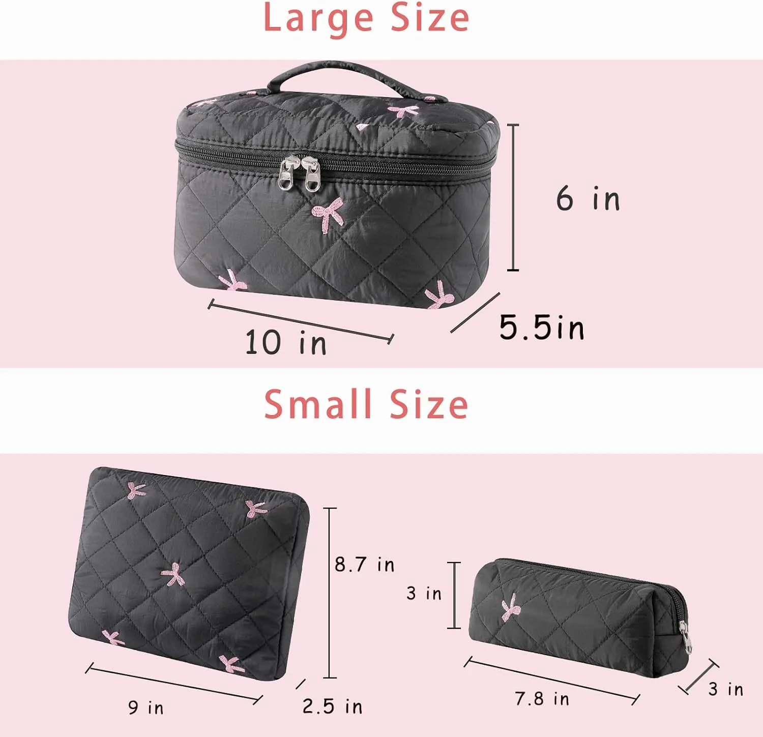 3Pcs Large Cotton Quilted Makeup Bag Set, Cute Coquette Floral Cotton Cosmetic Bag with Bows, Aesthetic Travel Organized Toiletry Bags for Women Girls（05Black Bows）