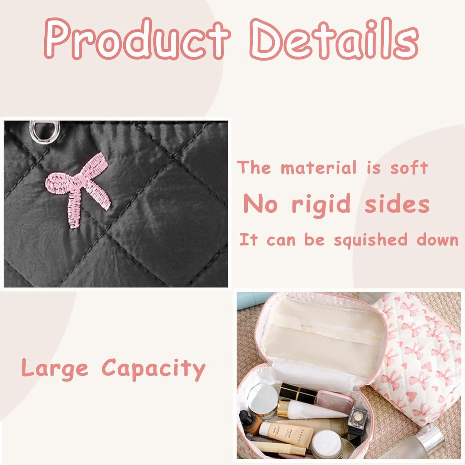 3Pcs Large Cotton Quilted Makeup Bag Set, Cute Coquette Floral Cotton Cosmetic Bag with Bows, Aesthetic Travel Organized Toiletry Bags for Women Girls（05Black Bows）