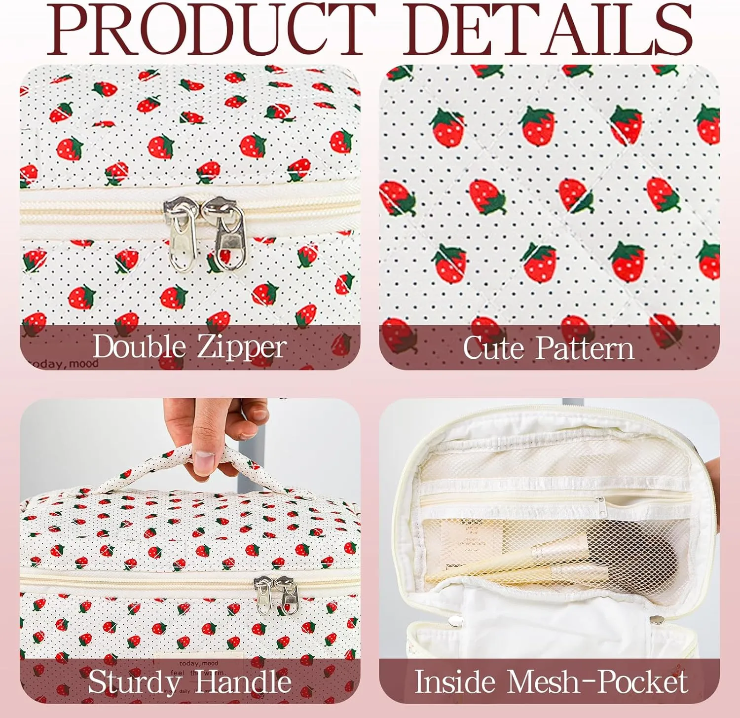 3Pcs Quilted Makeup Bag for Women, Large Travel Makeup Bag Set, Cute Aesthetic Cosmetic Bags, Floral Cotton Makeup Pouch Coquette Toiletry Organizer Bag