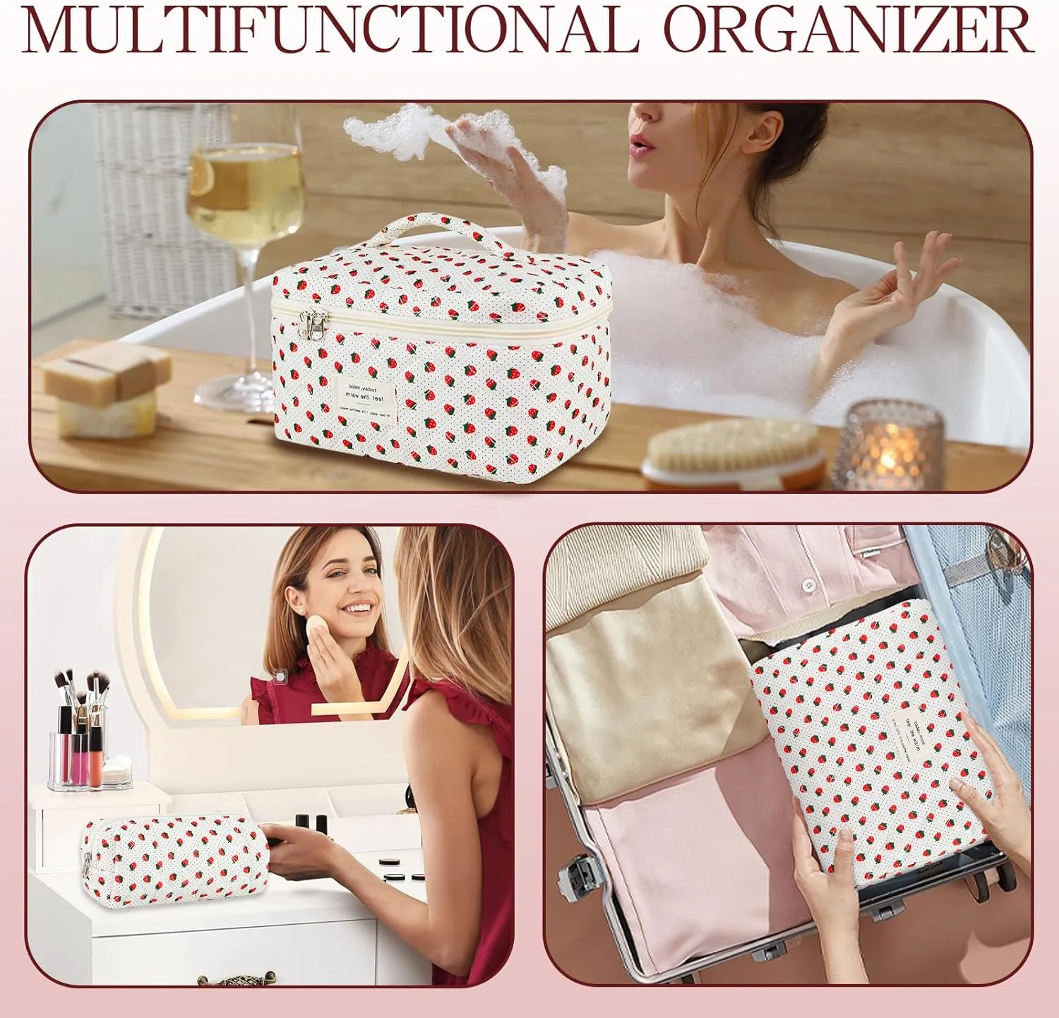 3Pcs Quilted Makeup Bag for Women, Large Travel Makeup Bag Set, Cute Aesthetic Cosmetic Bags, Floral Cotton Makeup Pouch Coquette Toiletry Organizer Bag