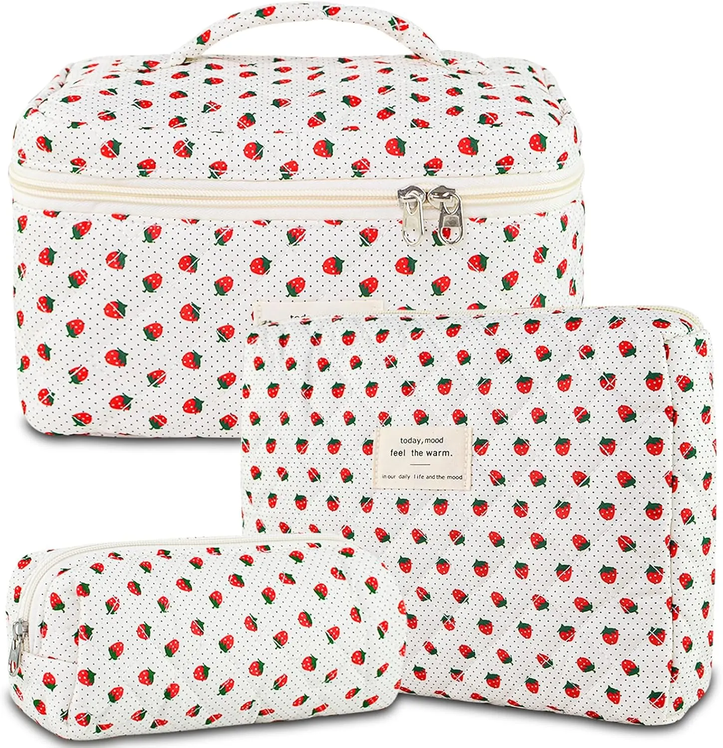 3Pcs Quilted Makeup Bag for Women, Large Travel Makeup Bag Set, Cute Aesthetic Cosmetic Bags, Floral Cotton Makeup Pouch Coquette Toiletry Organizer Bag