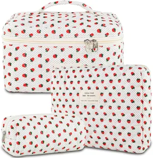 3Pcs Quilted Makeup Bag for Women, Large Travel Makeup Bag Set, Cute Aesthetic Cosmetic Bags, Floral Cotton Makeup Pouch Coquette Toiletry Organizer Bag