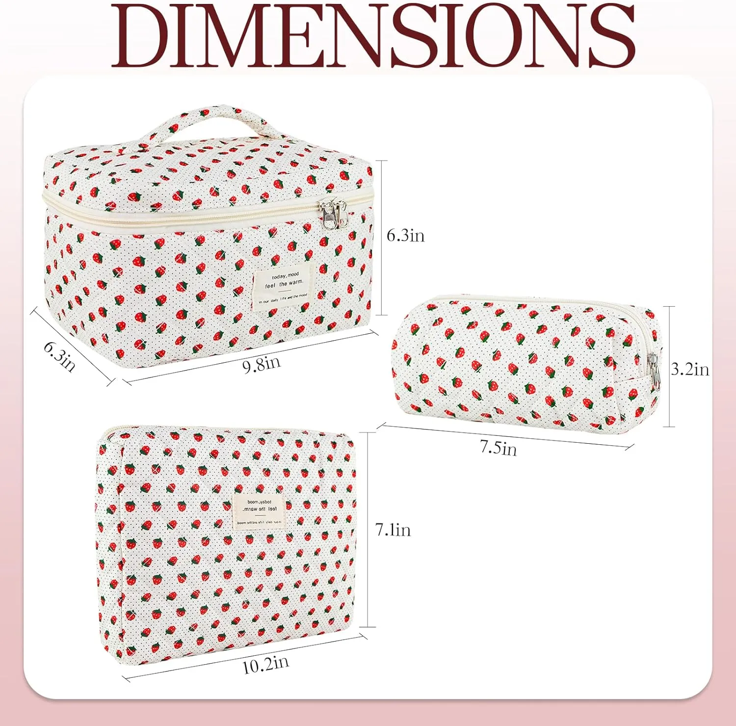 3Pcs Quilted Makeup Bag for Women, Large Travel Makeup Bag Set, Cute Aesthetic Cosmetic Bags, Floral Cotton Makeup Pouch Coquette Toiletry Organizer Bag