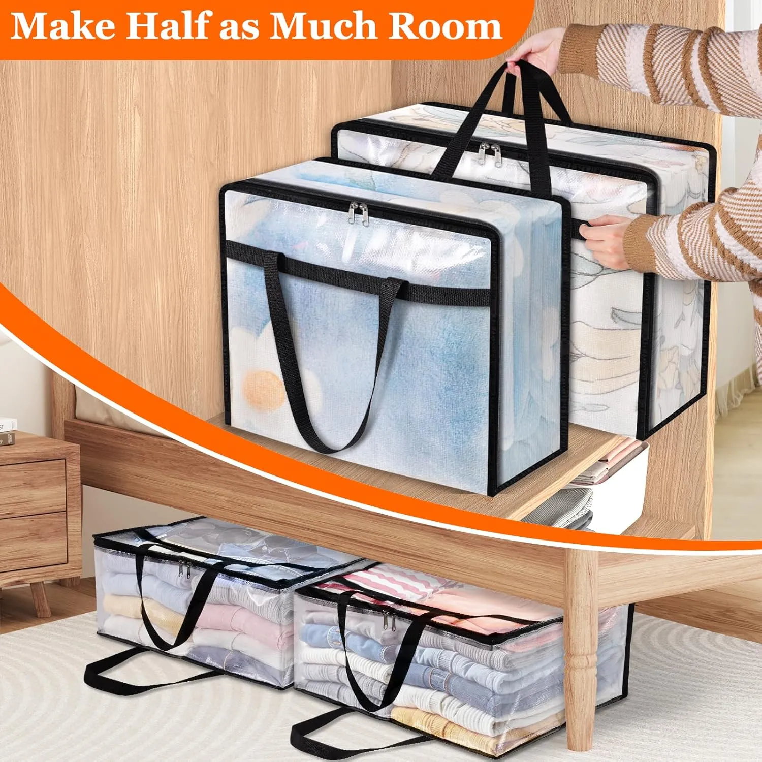 4 Pack Clear Storage Bags for Comforter, Clothes & Bedding, Plastic Blanket Storage with Zipper and Handle, Moving Bags, Closet Organizer and Under-Bed Storage (90L)