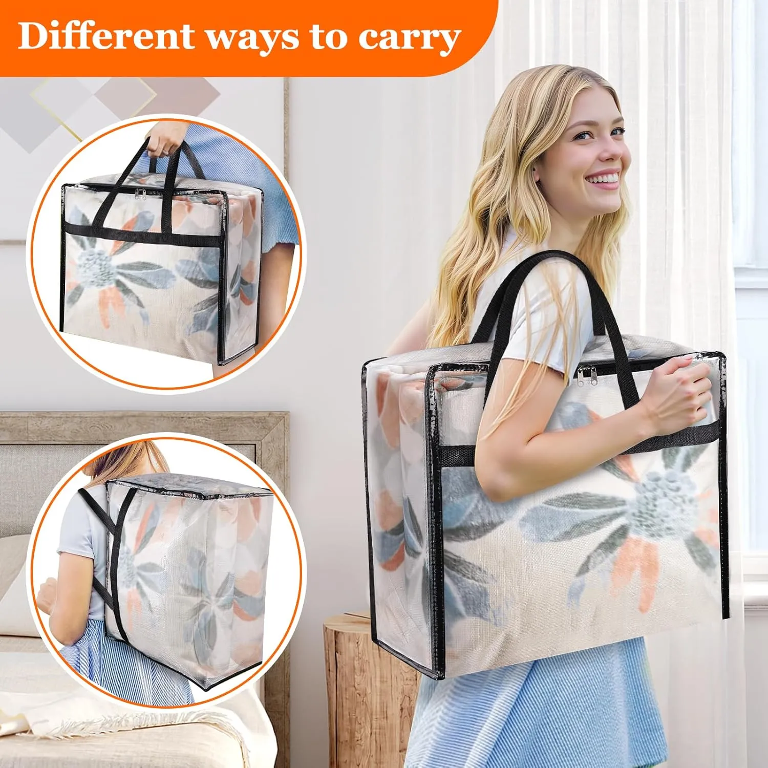 4 Pack Clear Storage Bags for Comforter, Clothes & Bedding, Plastic Blanket Storage with Zipper and Handle, Moving Bags, Closet Organizer and Under-Bed Storage (90L)