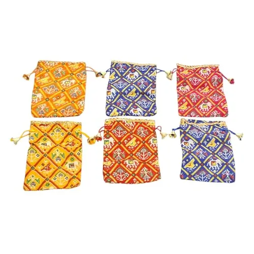 4 x 6 Inches : Satin Patola Print Pouch for Festival & Wedding Gifting , Shagun/Sagan Return Gift, Dry Fruits,Nariyal Gifting Potli, Big Size (Pack Of 4)