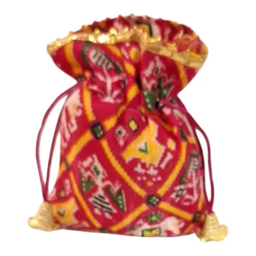 4 x 6 Inches : Satin Patola Print Pouch for Festival & Wedding Gifting , Shagun/Sagan Return Gift, Dry Fruits,Nariyal Gifting Potli, Big Size (Pack Of 4)