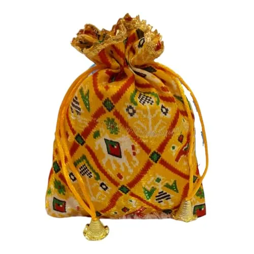 4 x 6 Inches : Satin Patola Print Pouch for Festival & Wedding Gifting , Shagun/Sagan Return Gift, Dry Fruits,Nariyal Gifting Potli, Big Size (Pack Of 4)