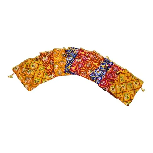 4 x 6 Inches : Satin Patola Print Pouch for Festival & Wedding Gifting , Shagun/Sagan Return Gift, Dry Fruits,Nariyal Gifting Potli, Big Size (Pack Of 4)