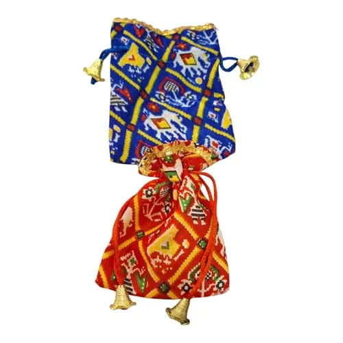 4 x 6 Inches : Satin Patola Print Pouch for Festival & Wedding Gifting , Shagun/Sagan Return Gift, Dry Fruits,Nariyal Gifting Potli, Big Size (Pack Of 4)
