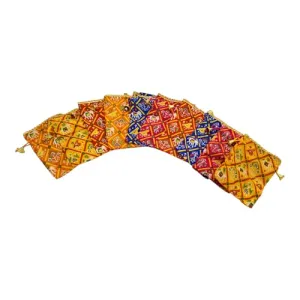 4 x 6 Inches : Satin Patola Print Pouch for Festival & Wedding Gifting , Shagun/Sagan Return Gift, Dry Fruits,Nariyal Gifting Potli, Big Size (Pack Of 4)