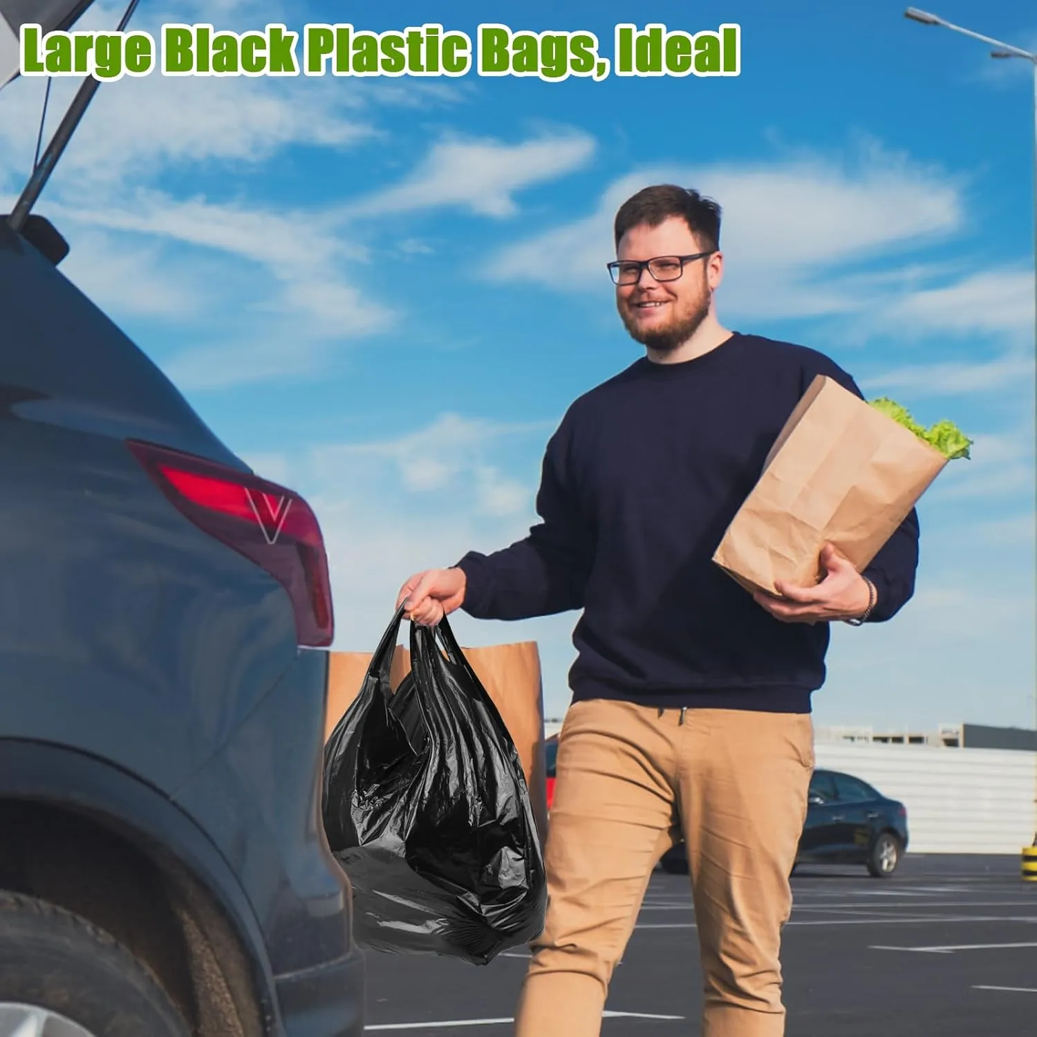400 Count Black Plastic Bags with Handles Large T Shirts Grocery Shopping Bags Bulk 25.5" X 15.7", 35 Mic Heavy Duty