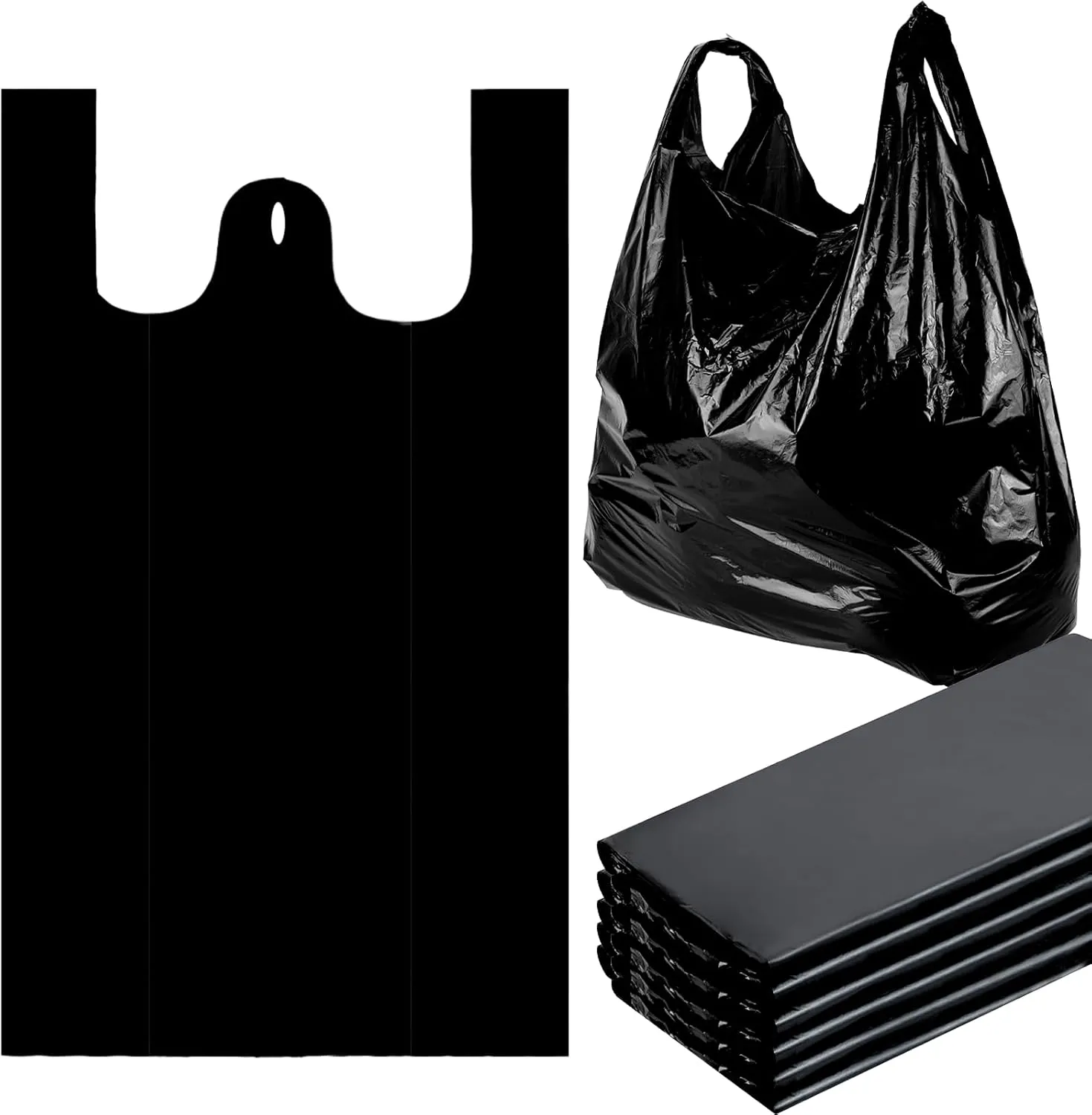 400 Count Black Plastic Bags with Handles Large T Shirts Grocery Shopping Bags Bulk 25.5" X 15.7", 35 Mic Heavy Duty
