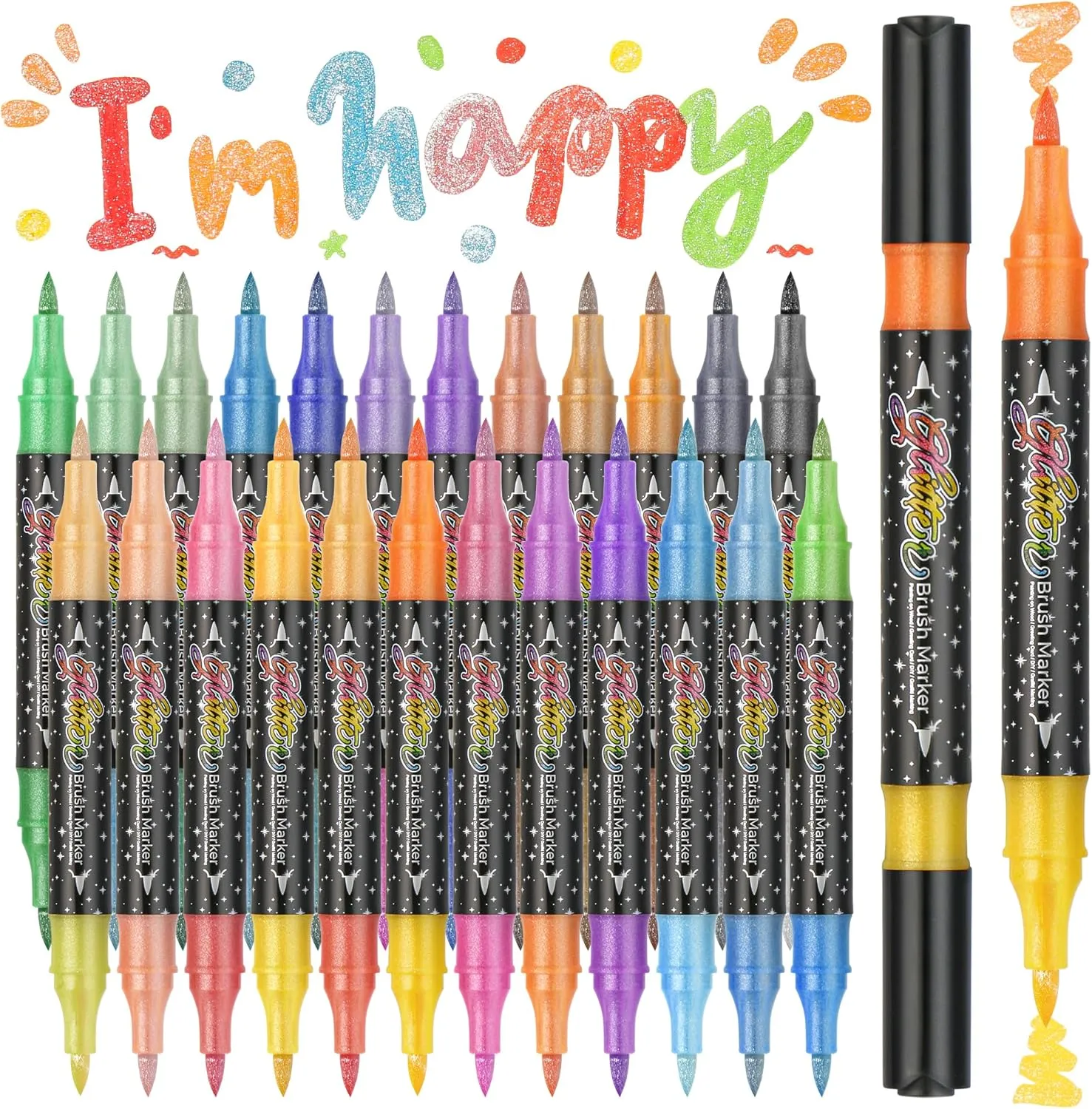 48 Colors Duo Glitter Brush Markers, 24 Pack Water-based Ink Glitter Pens, Metallic Sparkle Markers for Doodle Writing, Glitter Art Crafts Gifts Trendy Stuff Art Supplies Crafts Gifts 4-16