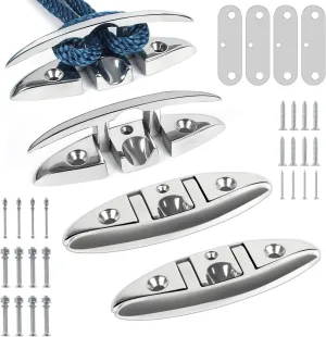 5 inch Folding Boat Cleat 316 Stainless Steel, Marine Flip Up Dock Cleat 6 inch 3 Holes, Boat Folding Cleat with Fasteners and Back Plates for Dock Lines Mooring Accessories (2 & 4 Pack)