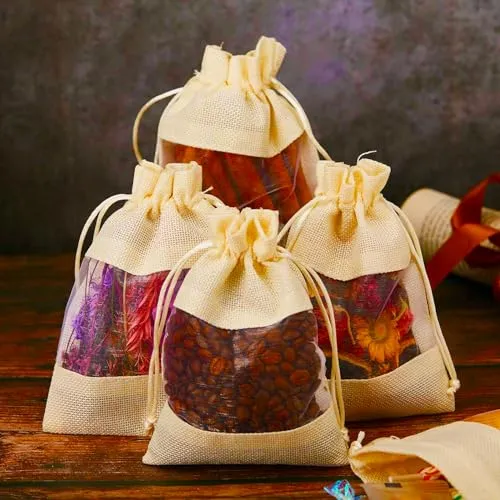 5 x 7 Inches : Jute Potli window bags, Drawstring Bags, Clear Open Window Jute Fabric Drawstring Gift Bags,Candy Jewelry Gift Pouches for Party Favors - Pack of 4